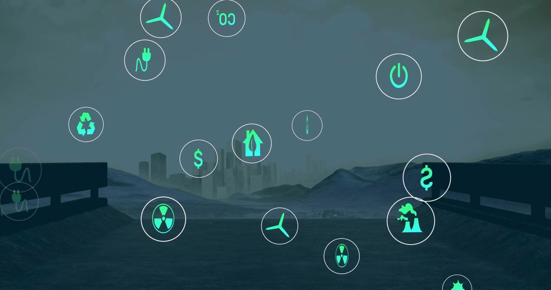 Digital Eco Icons Over Cityscape Representing Sustainability Concepts