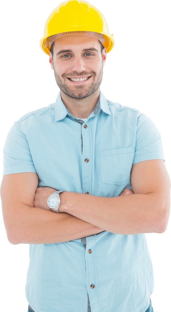Transparent Engineer in Yellow Hard Hat Smiling with Arms Crossed