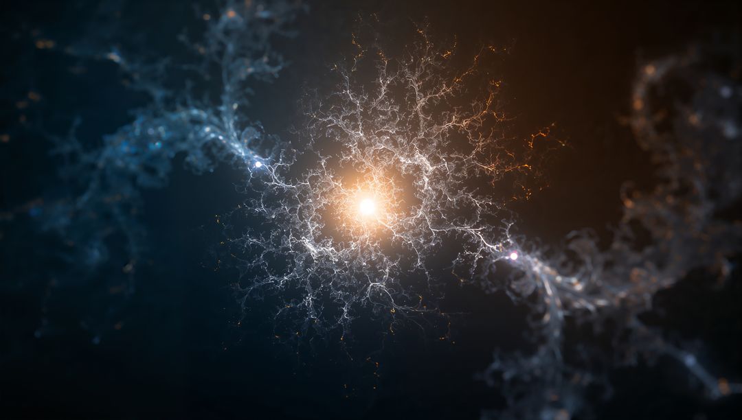 Fractal Neural Core Radiating Orange-White Light with Luminous Filaments and Nodes