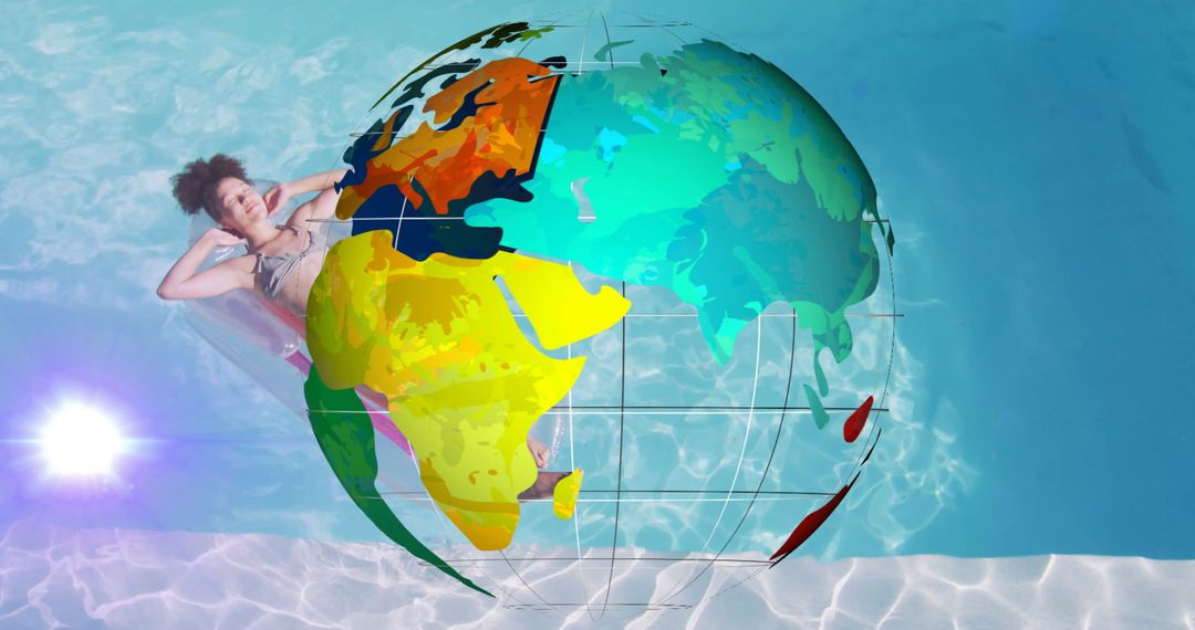Woman Relaxing on Float with Multicolored Globe Overlay Shows Summer Leisure