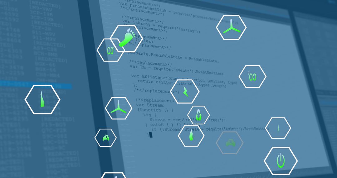 Green Energy Icons Floating Over Code Editor, Symbolizing Eco-friendly Tech