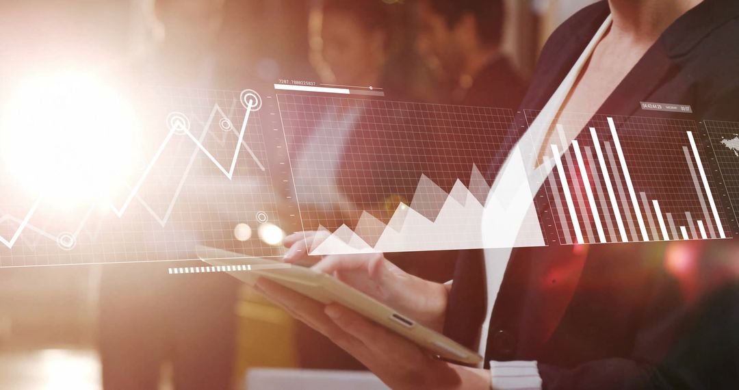 Businesswoman Analyzing Digital Infographic Interface in Office