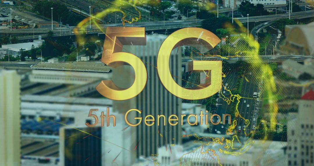5G Fifth Generation Technology with Cityscape Background