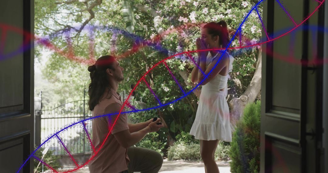 Man kneeling offering ring at porch while woman covering face in surprise with DNA helix