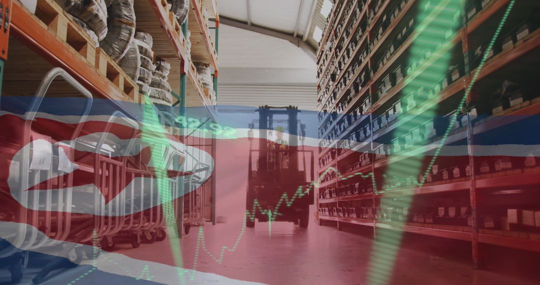 North Korean Flag Overlay on High-Tech Warehouse