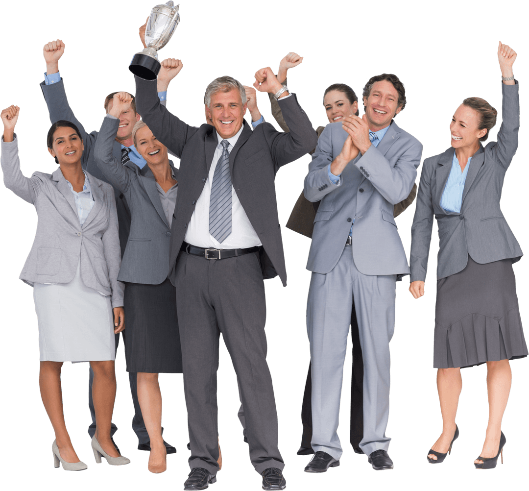 Transparent Jubilant Business Team Celebrating Achievement with Trophy