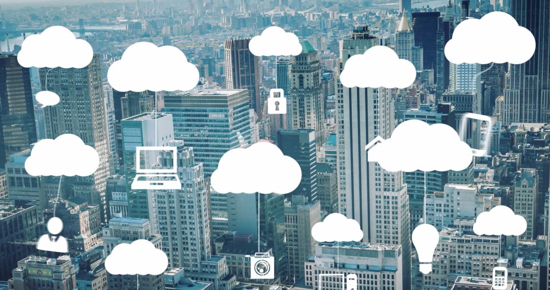 Digital Cloud Computing Icons Over Modern Cityscape