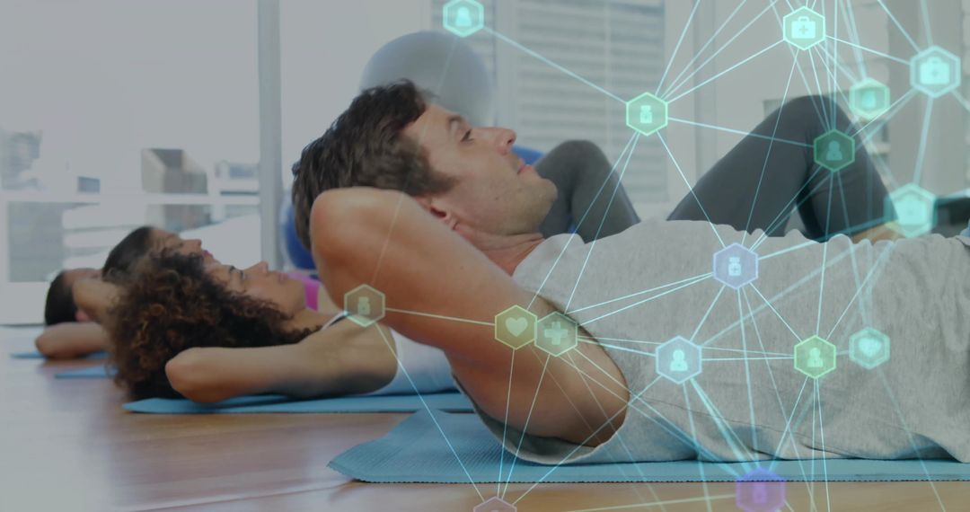 Man in Gym Performing Crunches with Health Tech Overlay