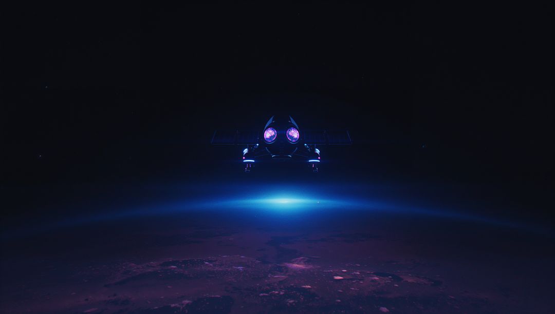 Futuristic Spacecraft Hovering Above Planet in Low Orbit