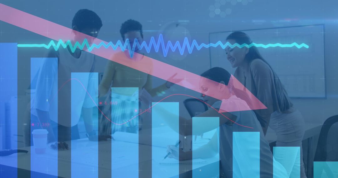 Diverse Coworkers Brainstorming with Overlayed Financial Data