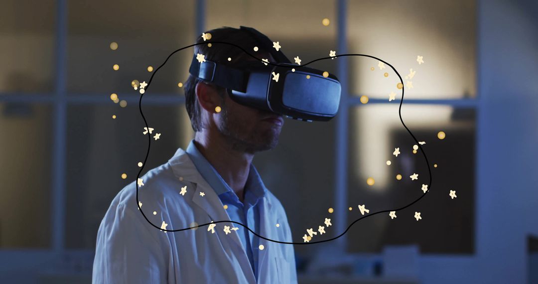 Scientist Immersing in Virtual Reality with Glowing Effects in Lab