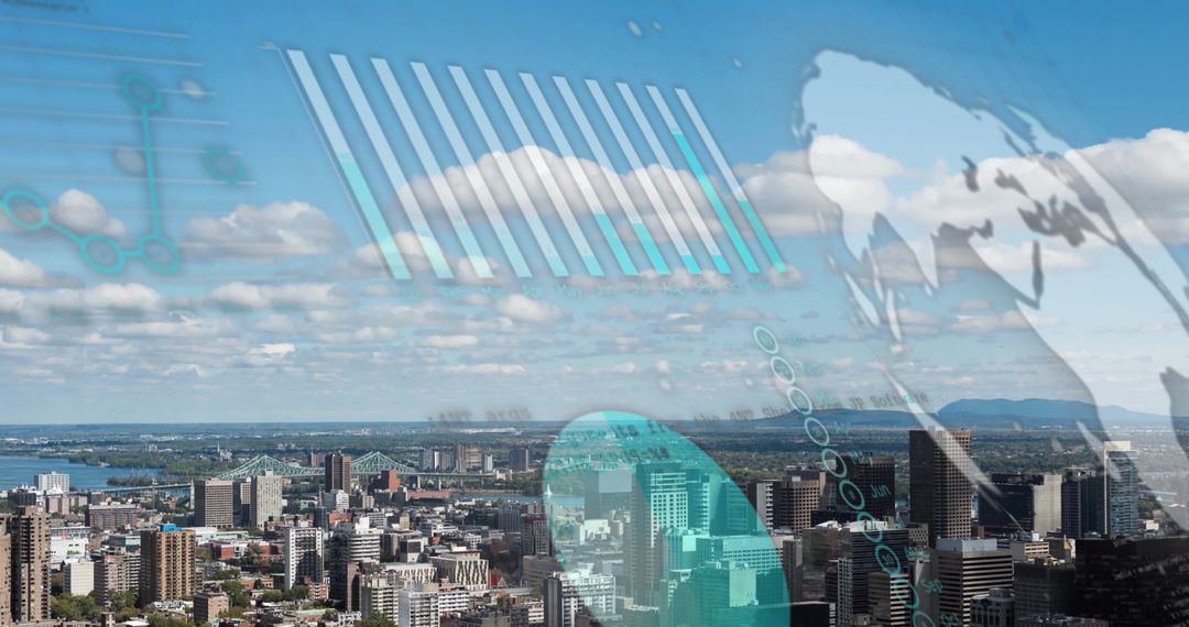 Digital Data Overlay on Urban Skyline Reflecting Global Finance