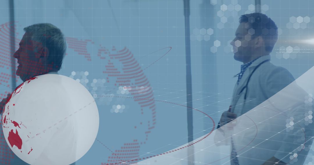 Doctors Discussing Global Healthcare Solutions with Digital Map Overlay