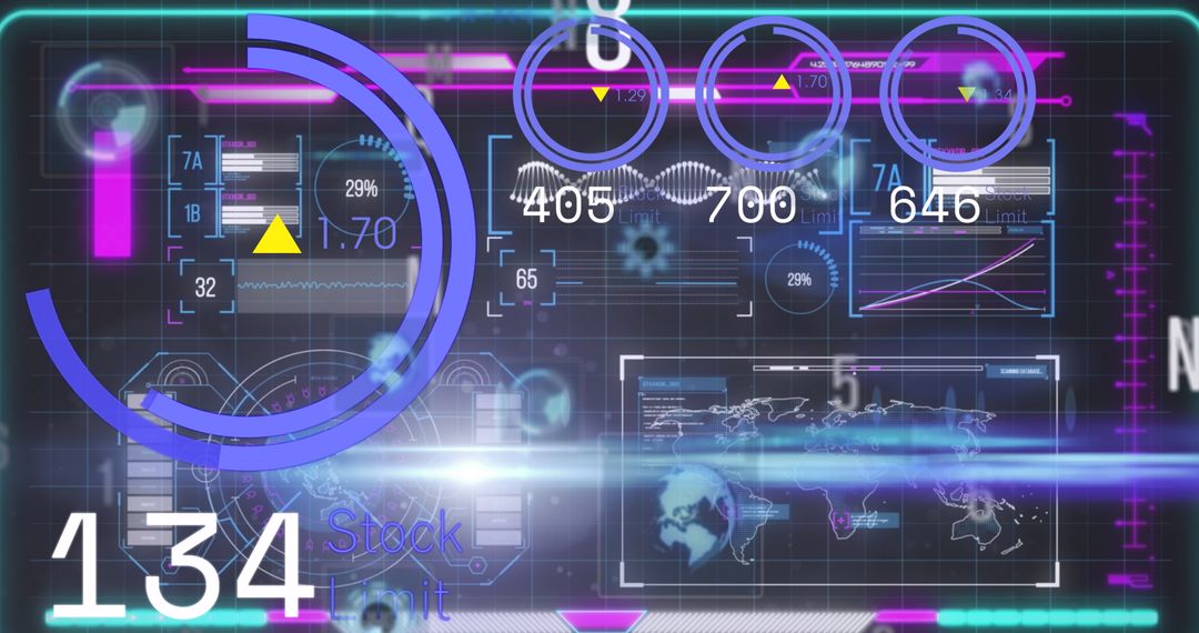 Futuristic HUD Interface With Charts and World Map Overlayed on Grid