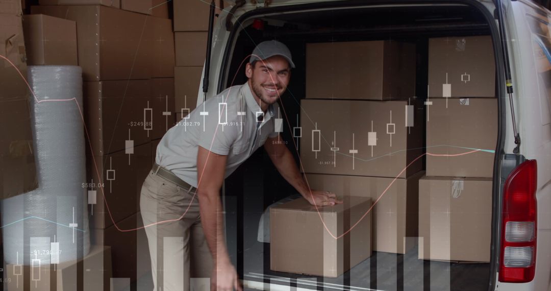 Courier Smiling While Loading Packages with Financial Graph Overlay