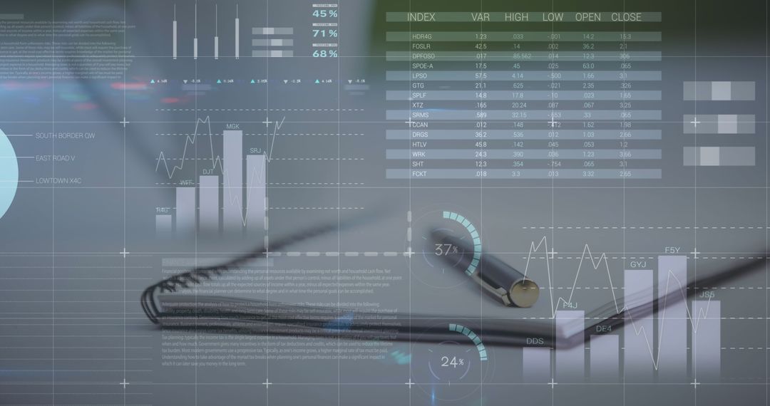 Digital Data Analysis Over Notepad with Pen on Office Desk