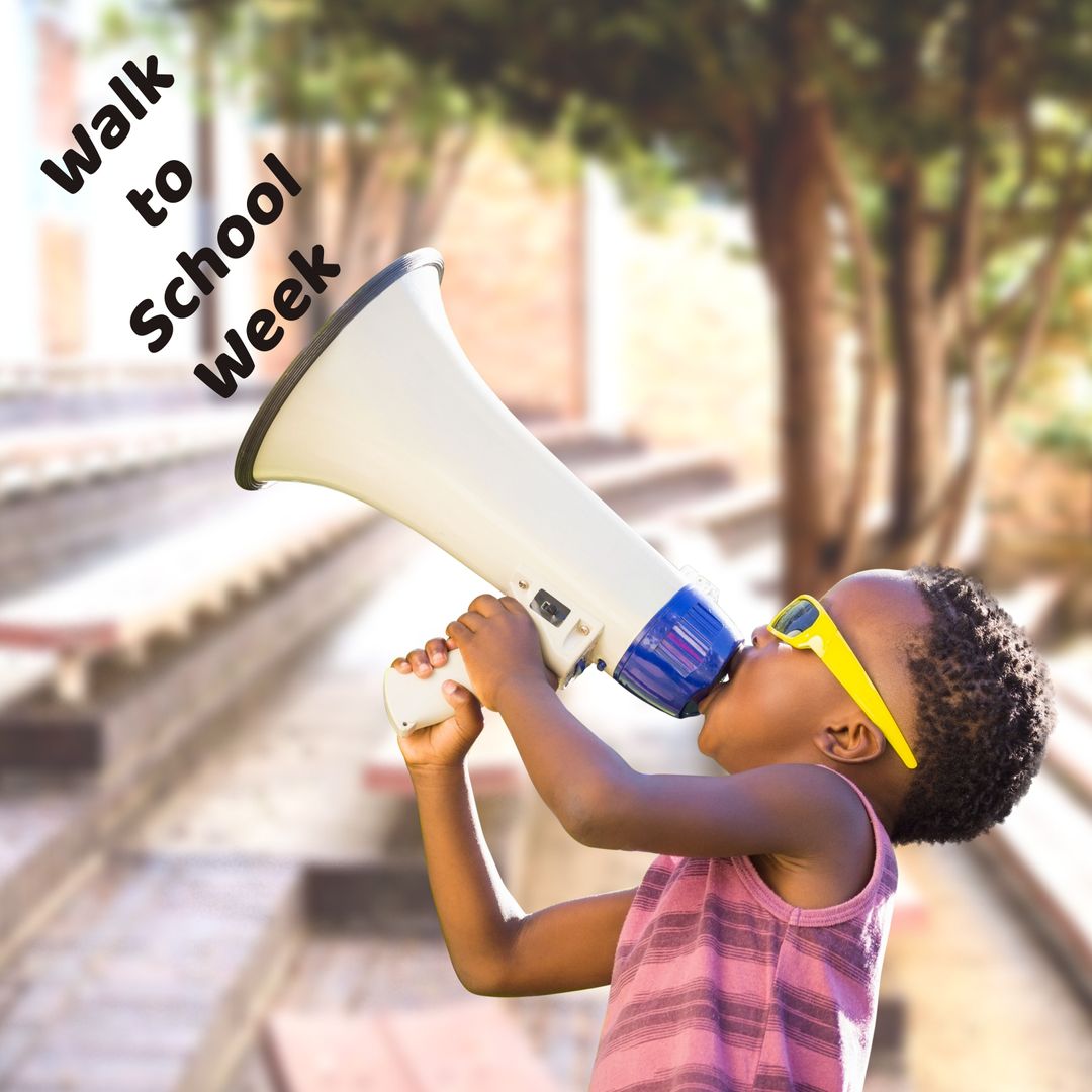 Child Promoting Walk to School Week with Megaphone Enthusiasm