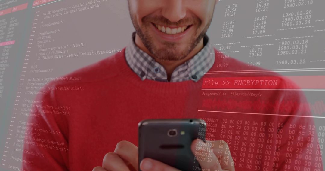 Smiling Developer Holding Smartphone with Encryption Code Overlay