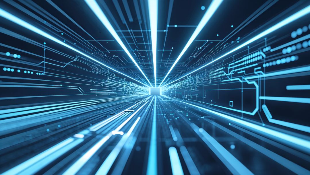Futuristic Blue Cyber Tunnel with Neon Light Beams
