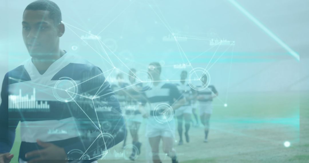 Rugby Team Running with Futuristic Digital Overlay