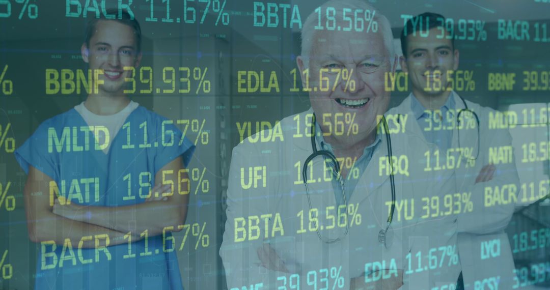 Medical professionals overlaid with stock market data global economy healthcare
