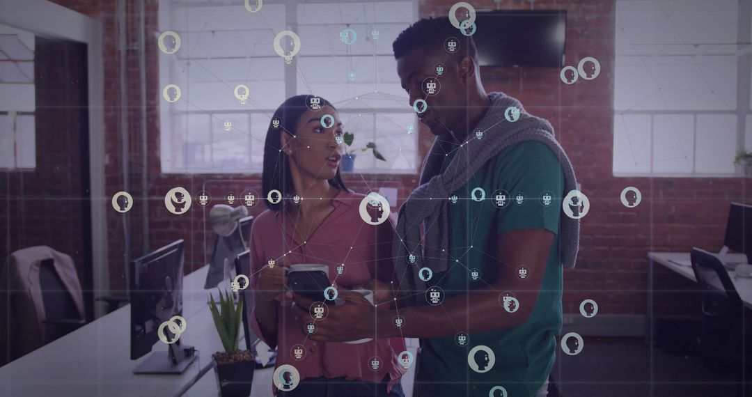 Team in Office Analyzing Data with AI Interface Display