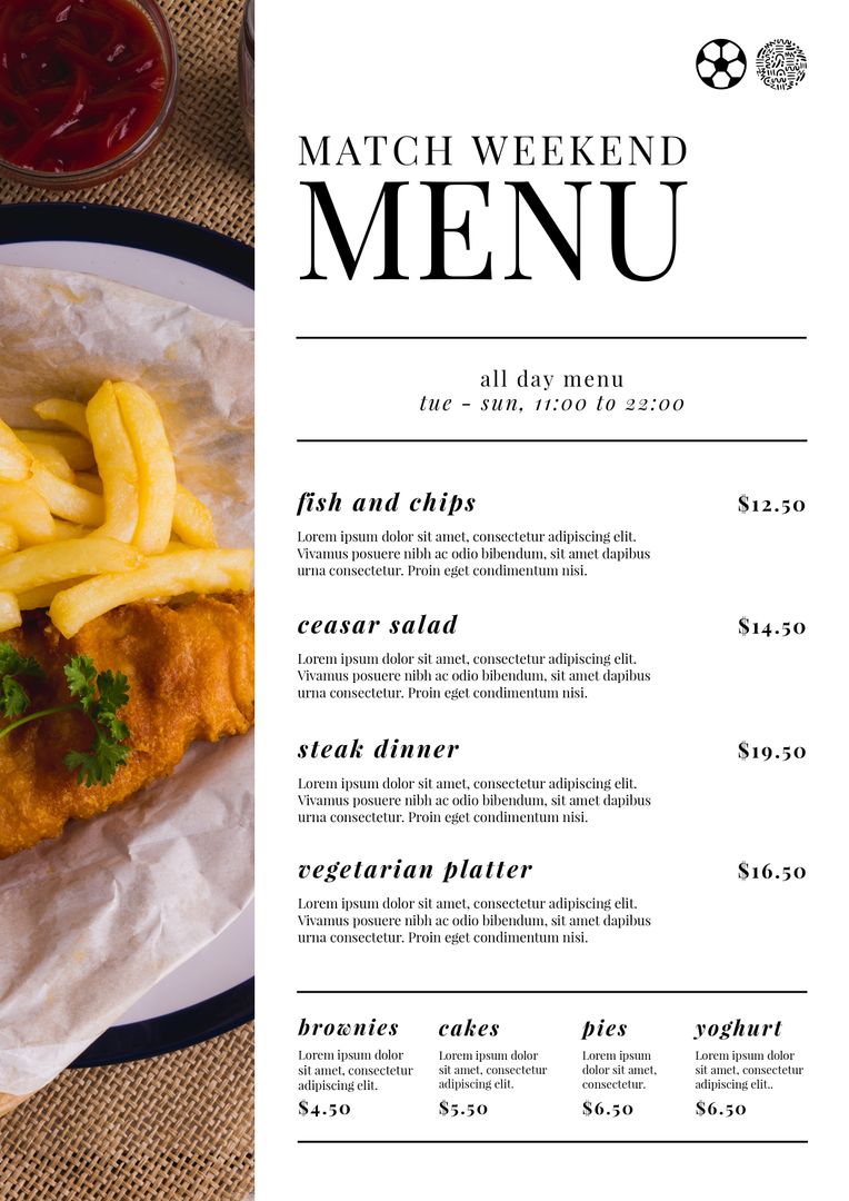 Match Weekend Menu with Traditional Fish and Chips Being Served - Download Free Stock Templates Pikwizard.com