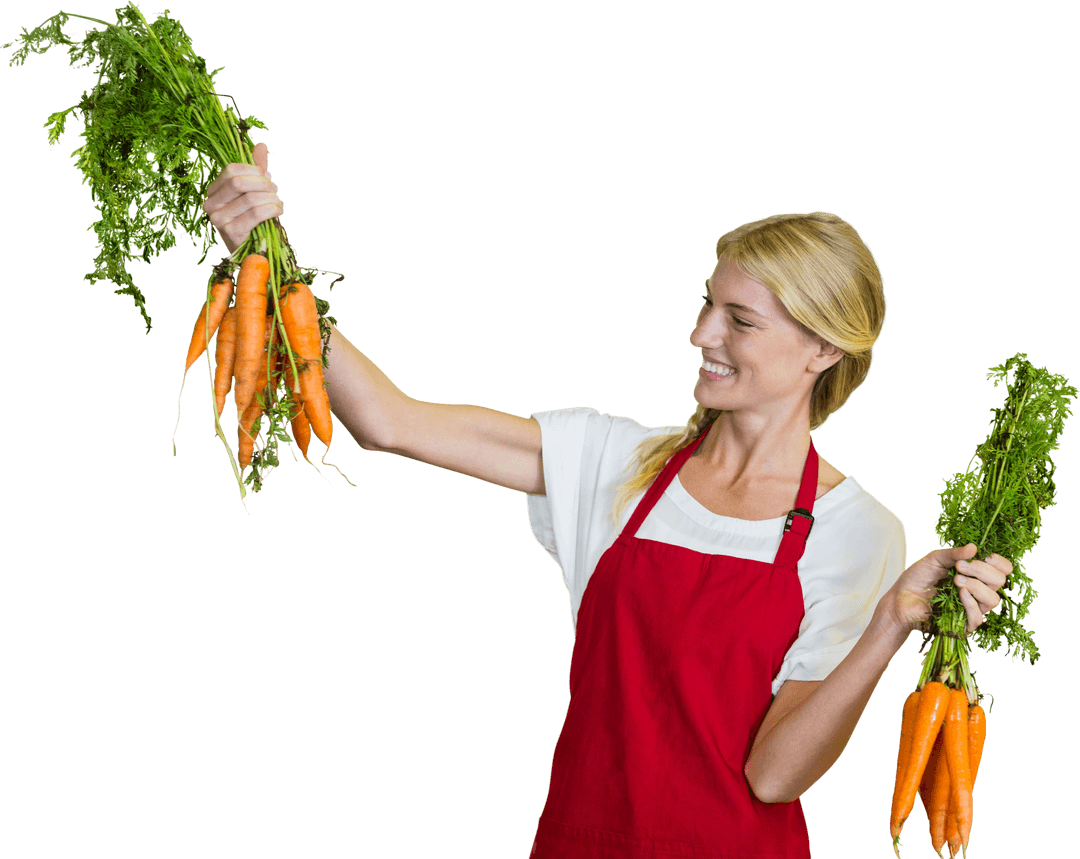 Smiling Woman Holding Fresh Carrots on Transparent Background