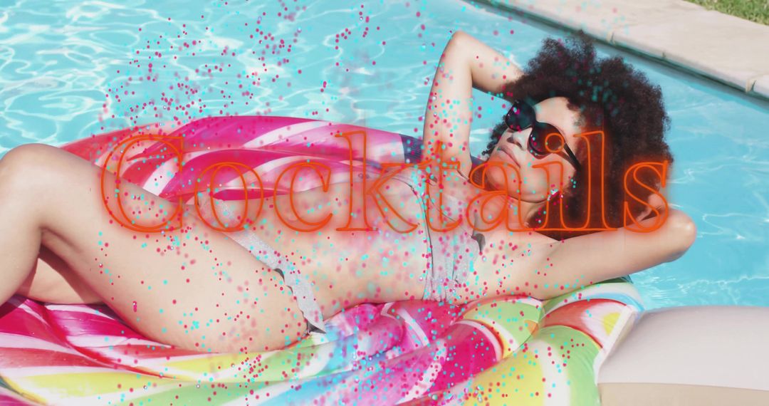 Lounging on Colorful Swirl Float with Neon Cocktails Text and Confetti, Pool Party Vibe