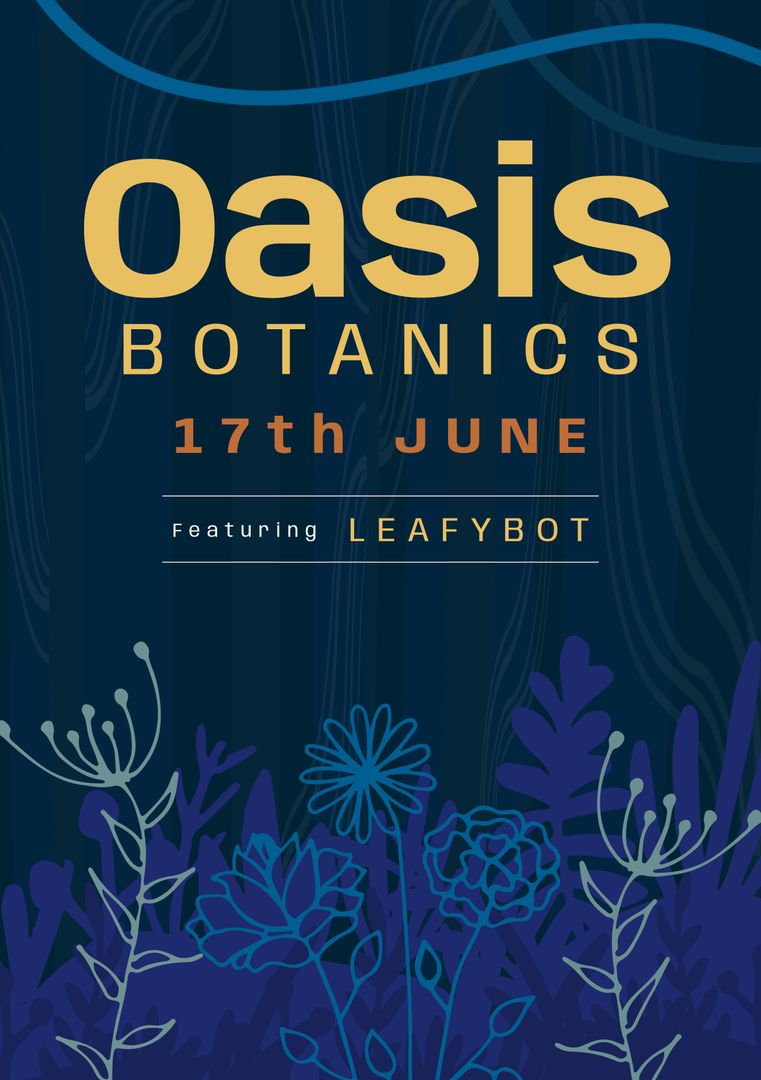 Oasis Botanics Event Poster Featuring Leafybot on Blue Background - Download Free Stock Templates Pikwizard.com