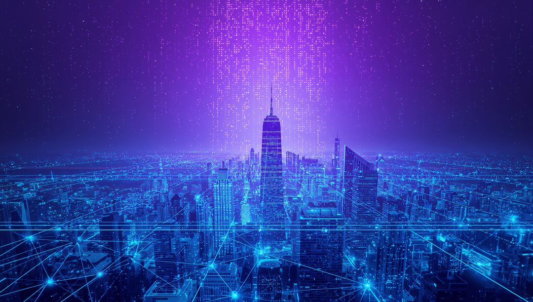 Futuristic Cyberpunk City Skyline with Digital Mesh Networks