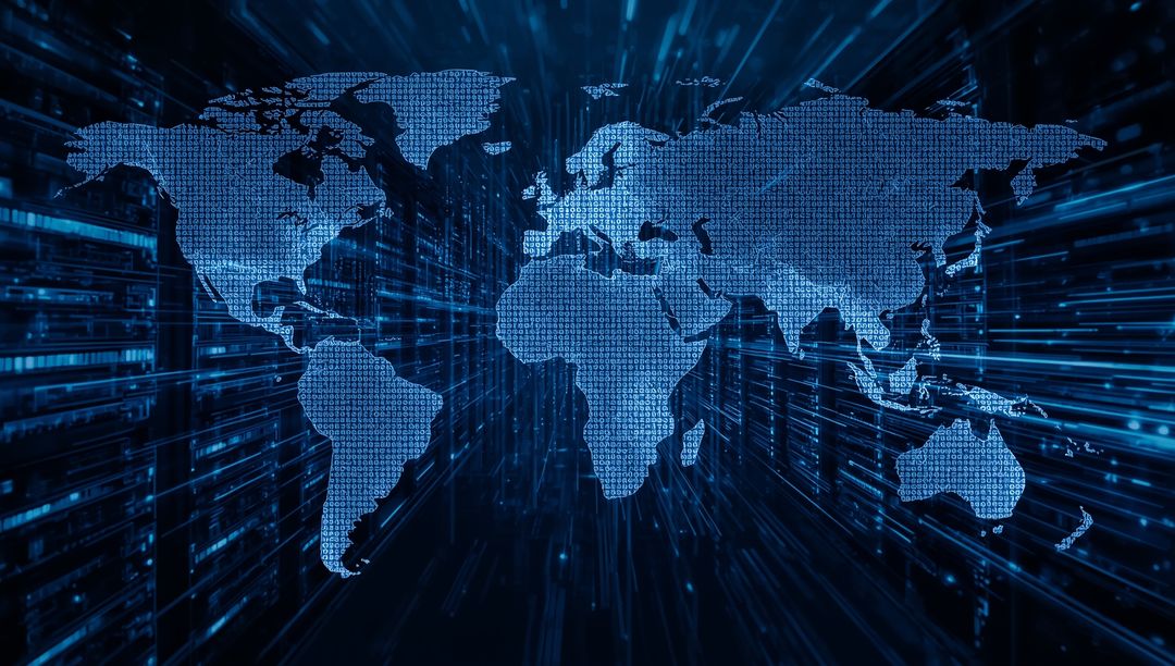Digital World Map with Binary Code and Light Streaks