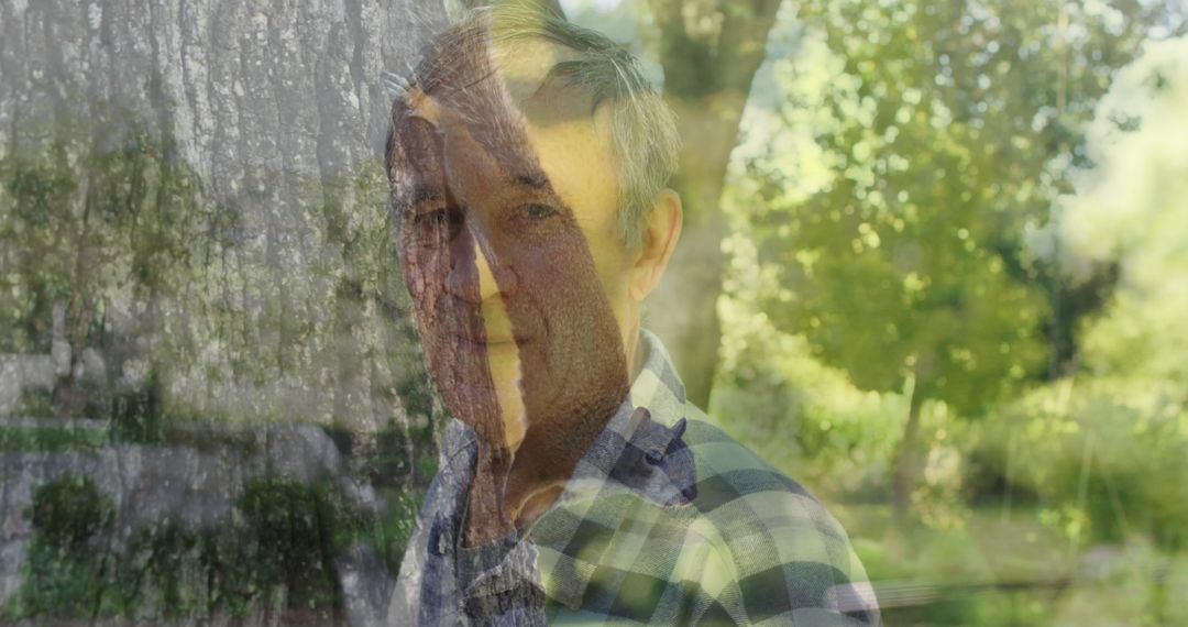 Senior Man Outside with Double Exposure of Trees