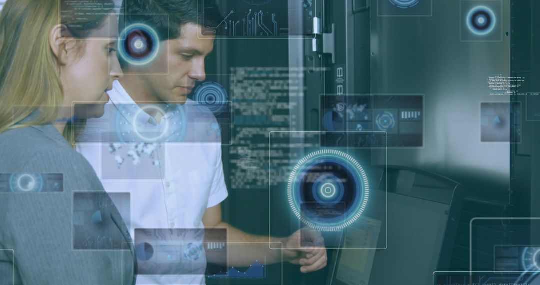 IT Professionals Analyzing Data in High-Tech Server Room