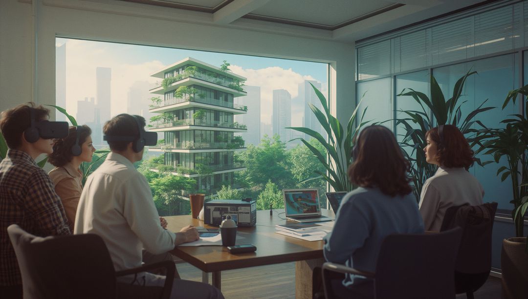 Professionals Exploring Building Design with VR in Modern Office Setting