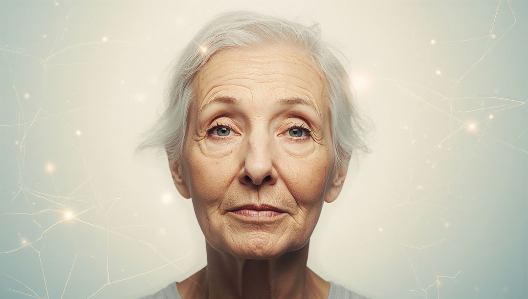 Serene senior woman close-up with glowing neural network lights, aging wisdom concept