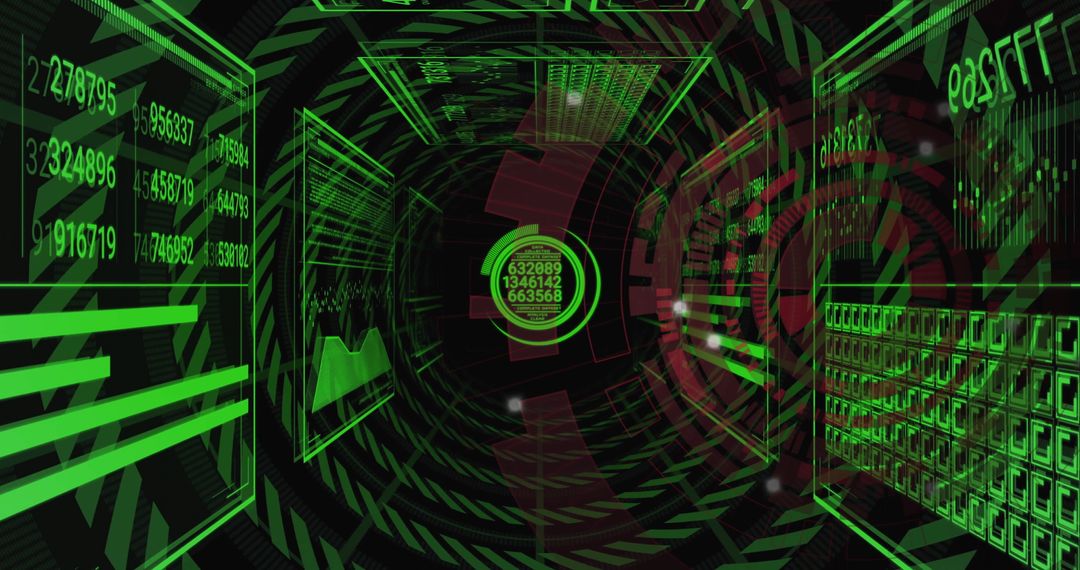 Digital Data Tunnel with Swirling Green Numbers