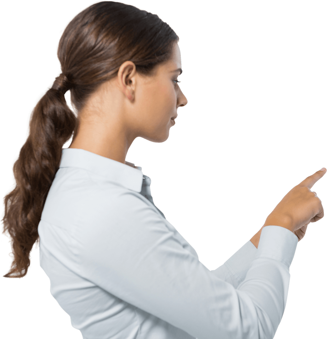 Transparent Woman Gesturing at Imaginary Touchscreen with Intent Focus