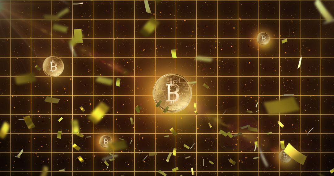 Celebration of Bitcoin Success: Confetti Falling on Digital Cryptocurrency