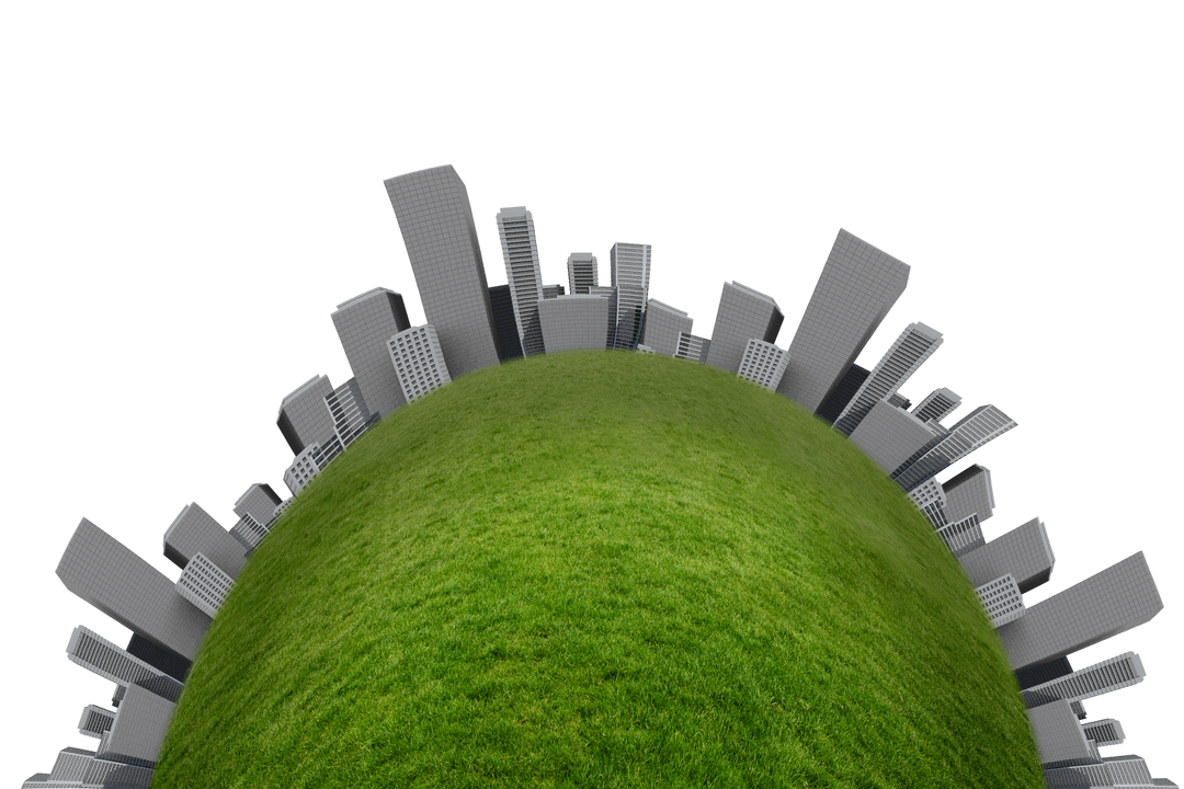 Transparent Eco-Friendly City Skyline Merging with Dome Grass Field