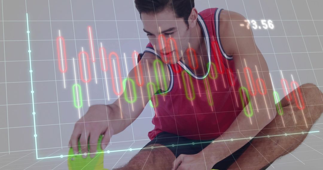 Athlete Stretching with Financial Chart Overlay, Combining Fitness and Analytics