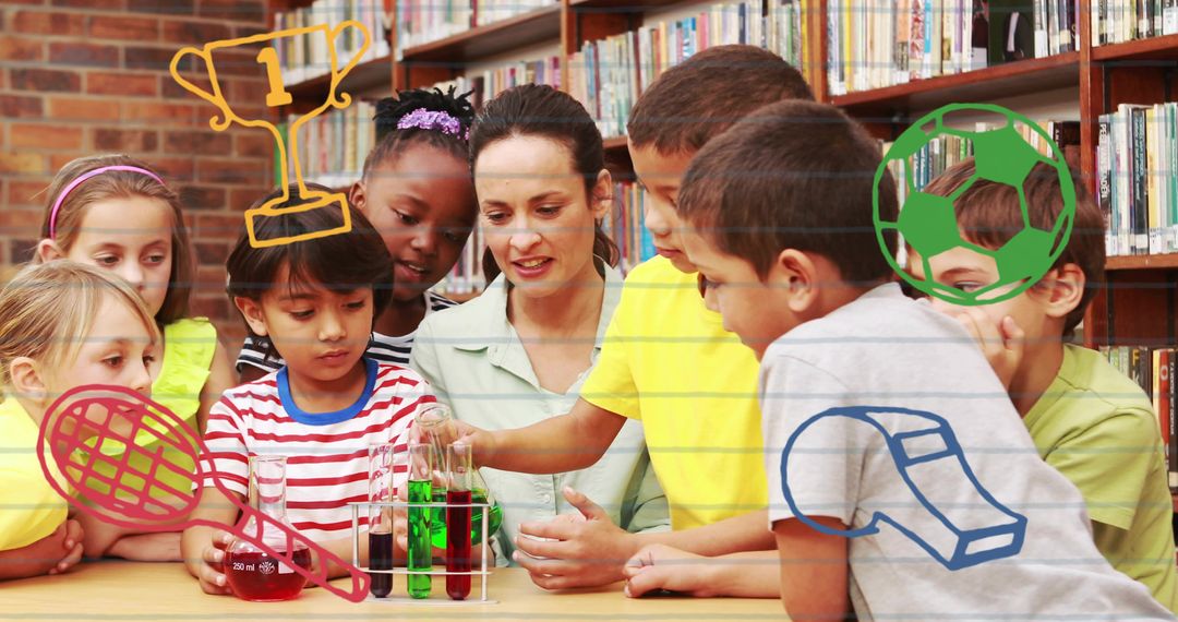 Teacher Guiding Elementary Students Conducting Colorful Chemistry Experiment in Library
