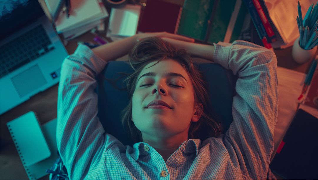 Woman Relaxing at Home Workspace With Books and Laptop Virtual Study