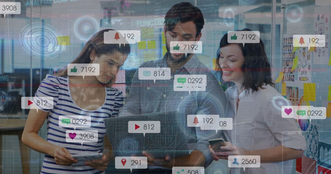 Diverse Colleagues Discussing Business Strategy with Social Media Overlay