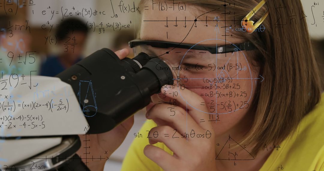 Schoolgirl Uses Microscope with Math Formulas Overlay