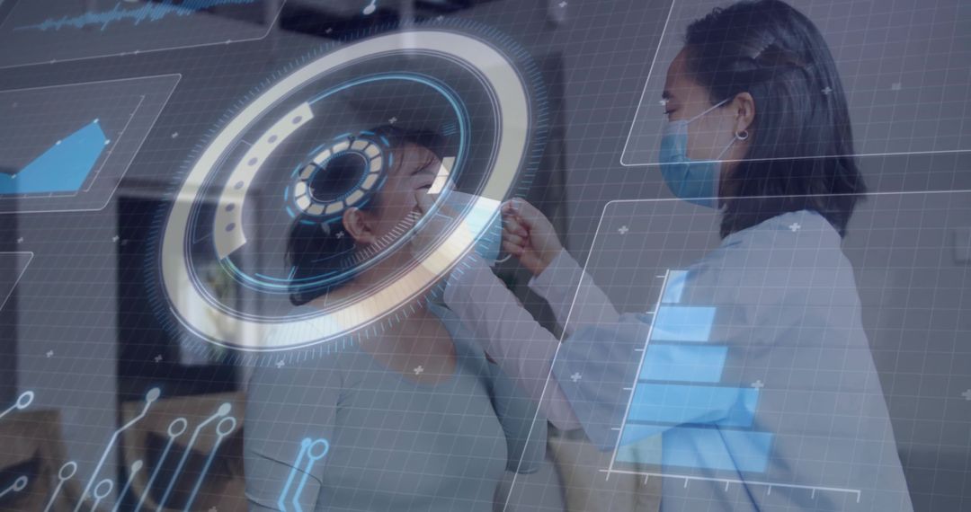 Clinician Performing Futuristic Nasal Swab with Virtual Technology Interface