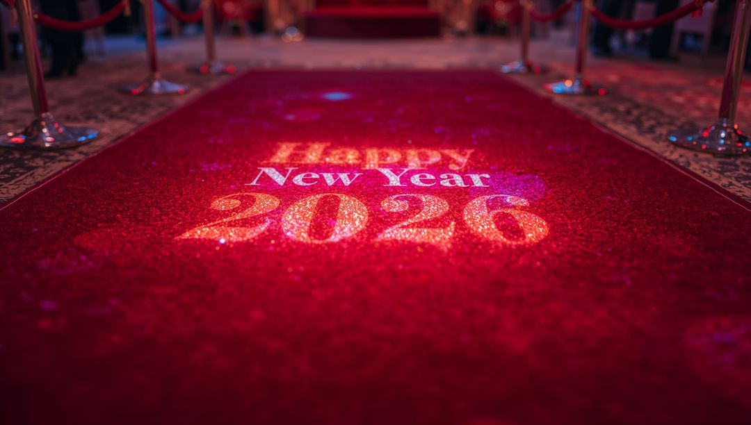 Glamorous Red Carpet Welcoming New Year 2026 with Glitter Projection and Velvet Ropes