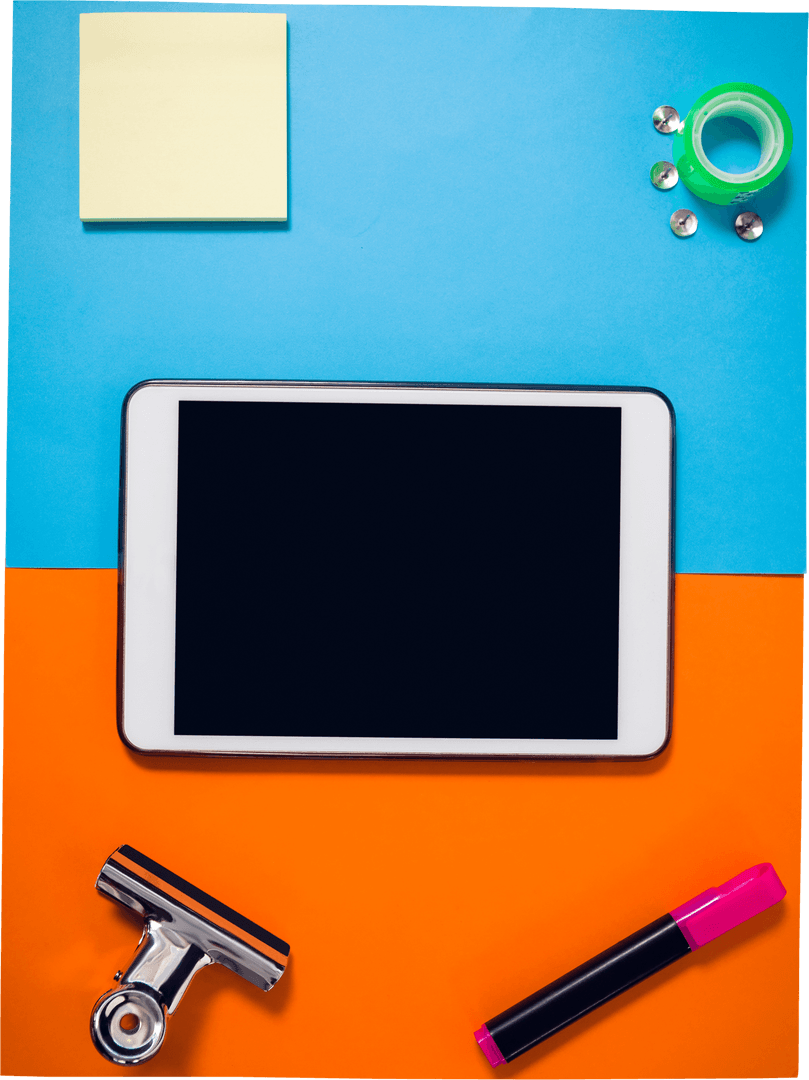 Transparent Tablet with Office Supplies Over Blue and Orange Background
