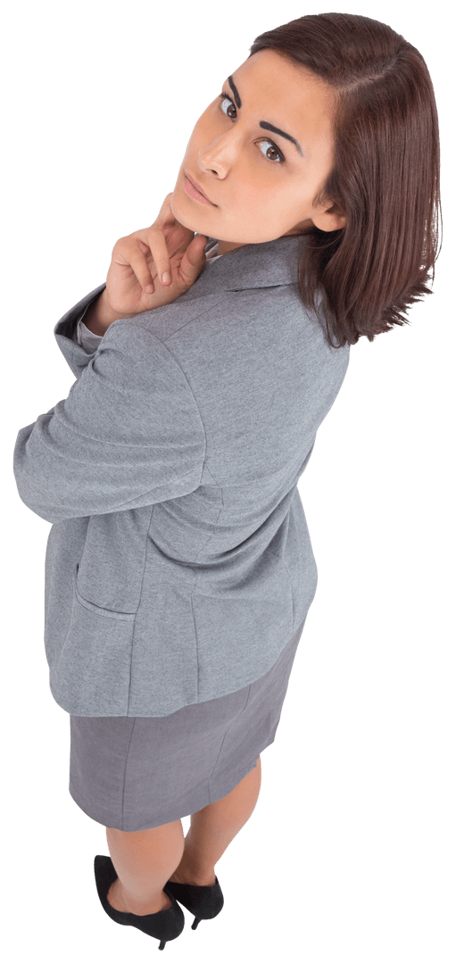 Serious Caucasian Businesswoman in Gray Suit on Transparent Background