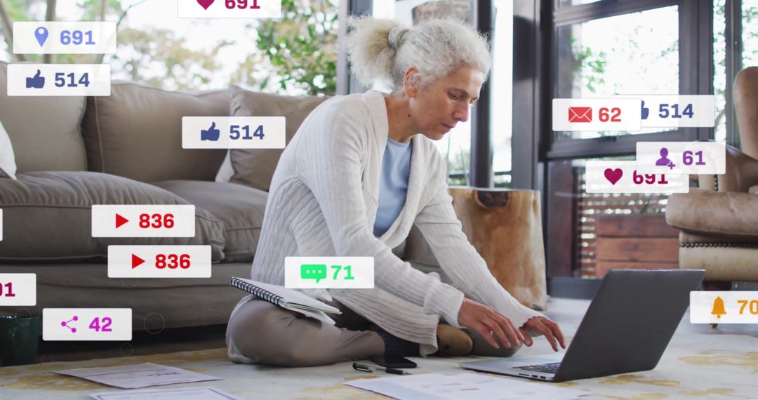 Senior woman engaging with digital devices and social media